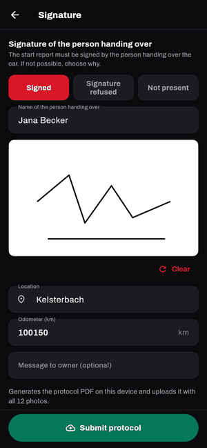 App-Ansicht: Unterschrift der übergebenden Person mit Ort und Kilometerstand