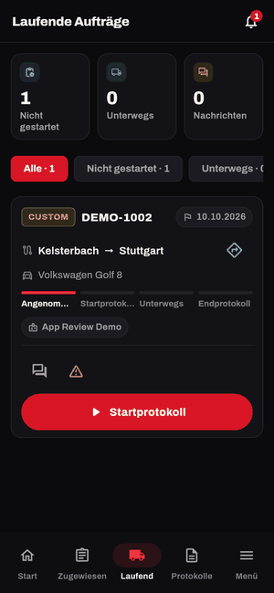 App-Ansicht: laufender Auftrag mit Status von Angenommen bis Endprotokoll