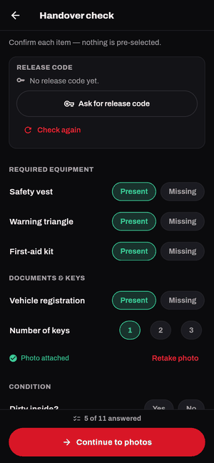 App screen: handover check with equipment, keys and condition