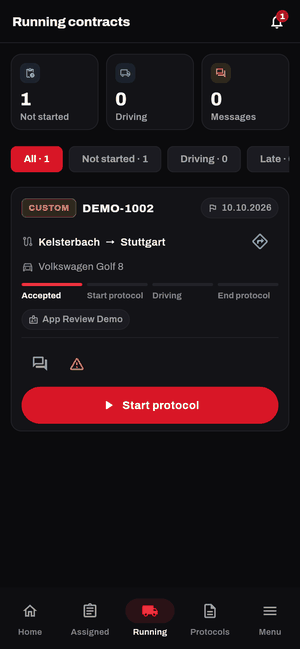 App screen: running job with status from accepted to end protocol